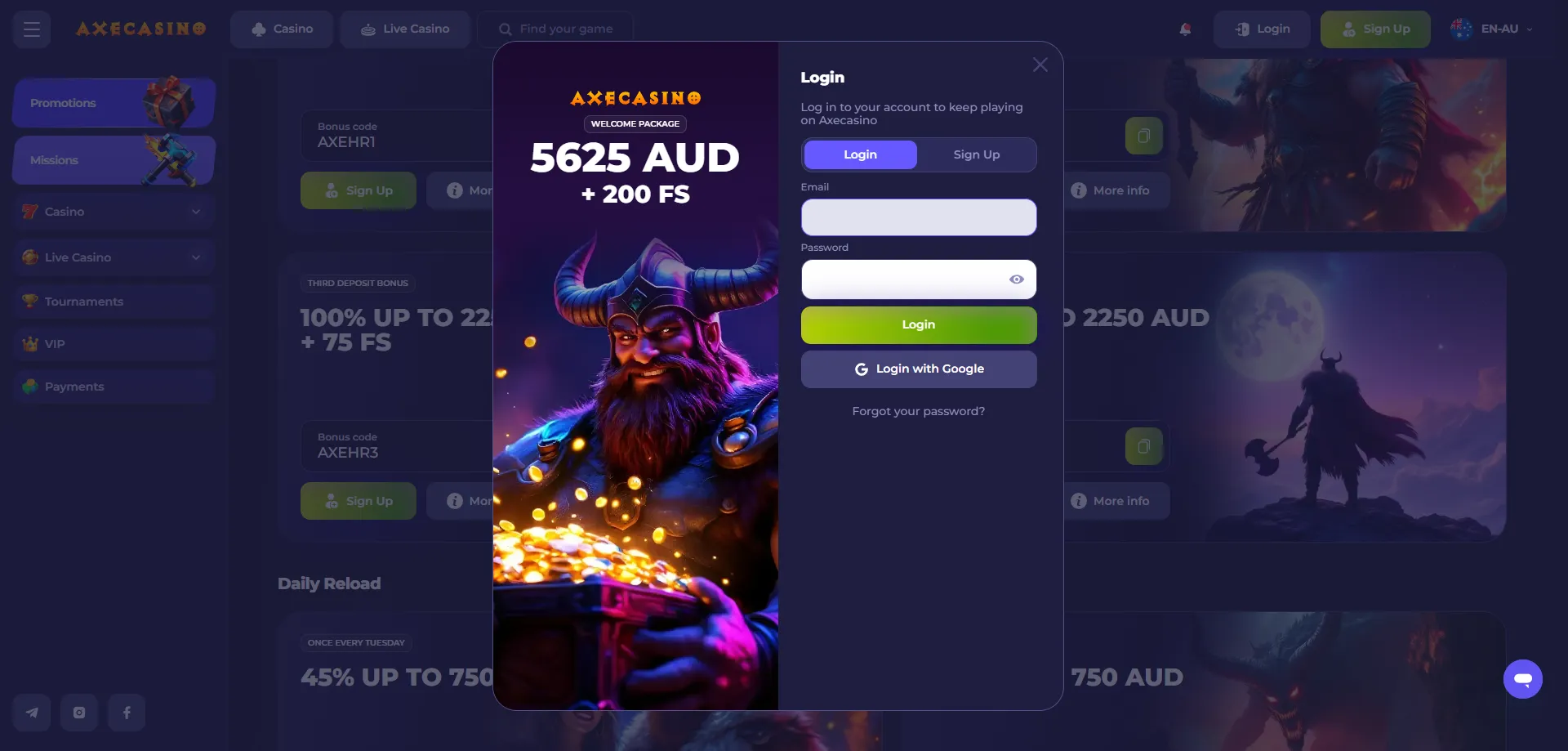 AxeCasino login page
