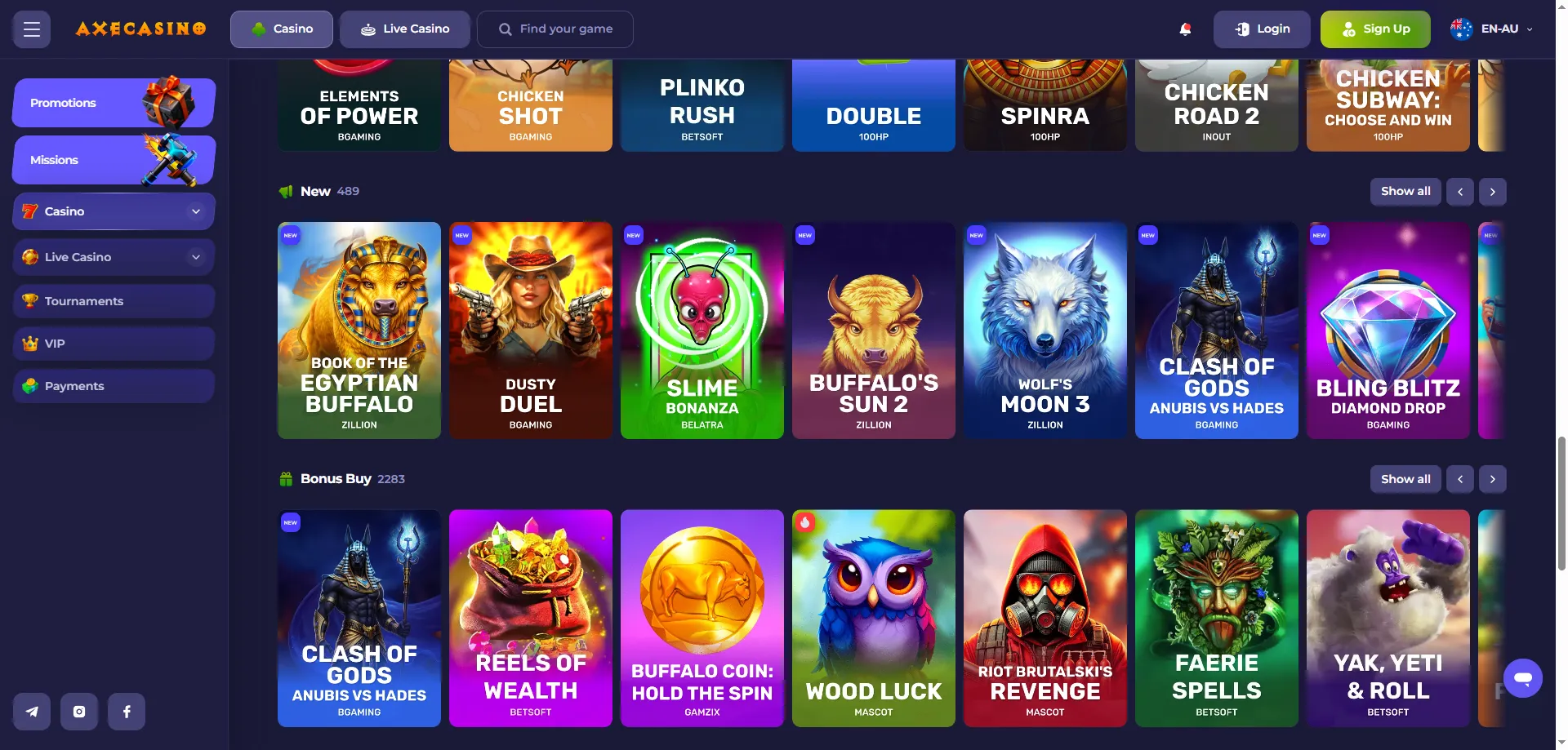 AxeCasino slots lobby
